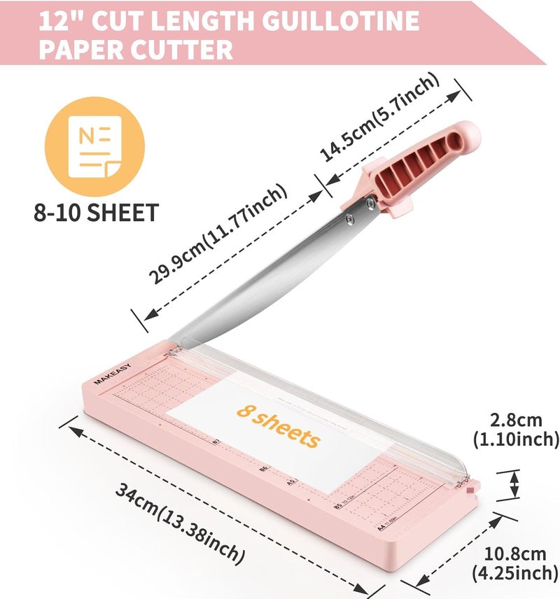 Makeasy Paper Cutter 12 Inch, Guillotine Paper Cutter with 8 Sheet Capacity, Heavy Duty Paper Cutter for Cardstock, Paper Trimmer for Crafting, Classroom and Office, Pink - Image 4